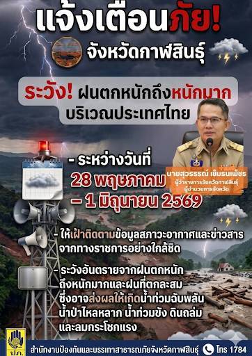 เทศบาลตำบลไค้นุ่น แจ้งประชาสัมพันธ์เฝ้าระวังฝนตกหนักถึงหนักมาก ระหว่างวันที่ 28 พฤษภาคม – 1 มิถุนายน 2569